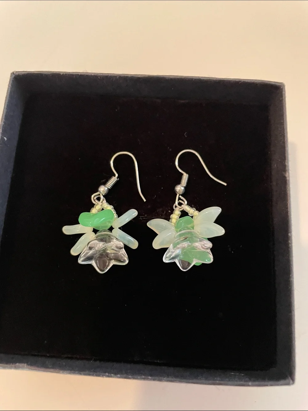 Uranium Handcrafted Green Floral Glass Drop Earrings for Women